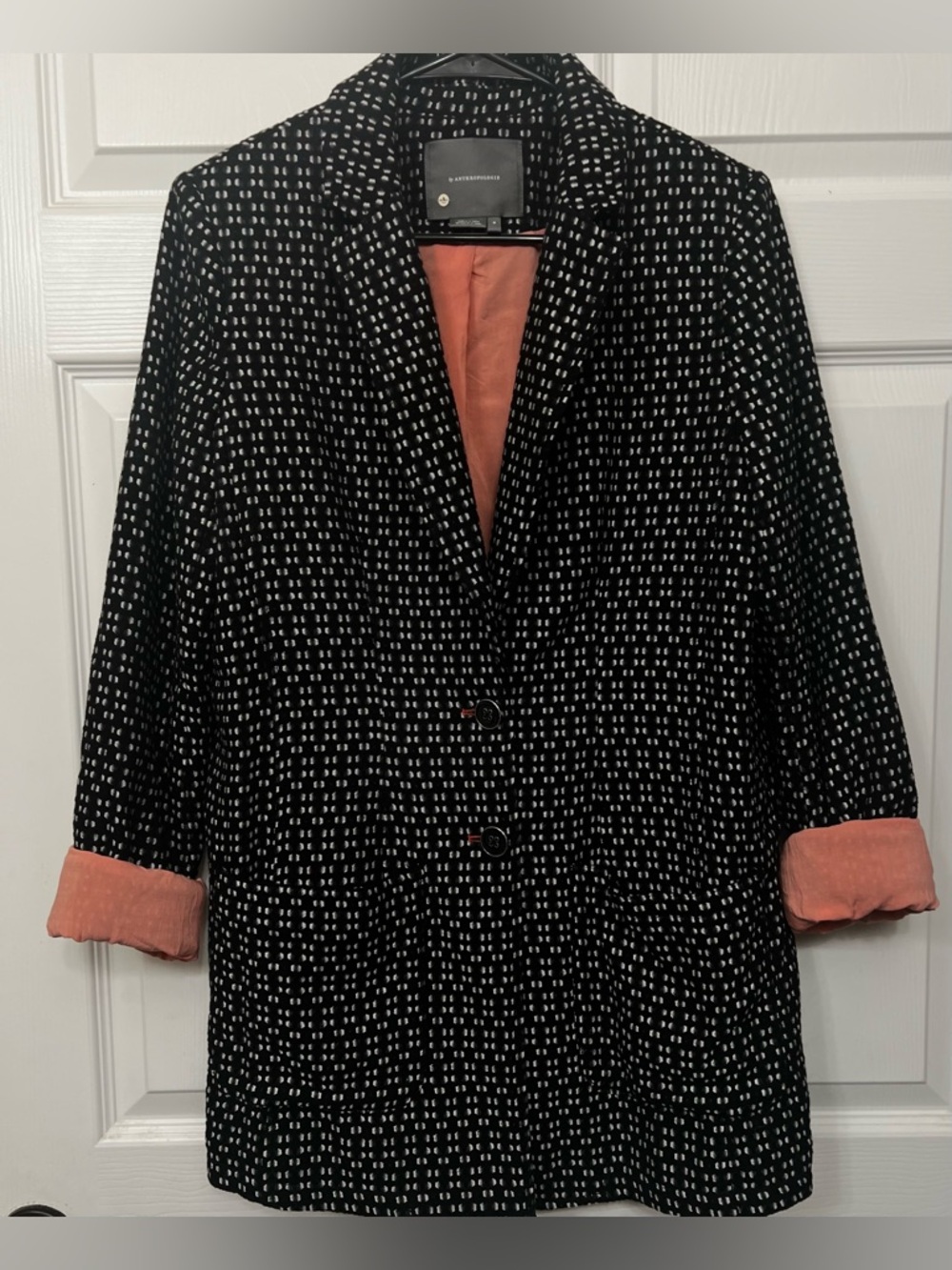 Anthropologie Filipa Textured Longline Blazer Pink Lined Geometric Black White M